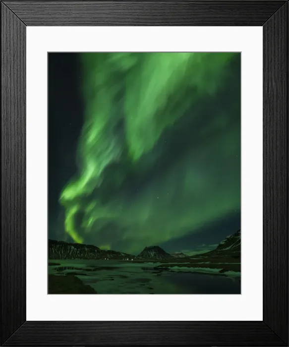 Framed Print : Aurora borealis (Northern Lights) and partially frozen lake, North Snaefellsnes, Iceland Framed Print : Aurora borealis (Northern Lights) and partially frozen lake, North Snaefellsnes, Iceland