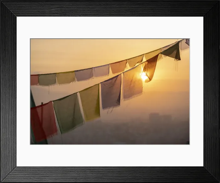 Framed Print : Prayer flags at Swayambhunath (Monkey Temple) in front of the city at sunrise, Kathmandu Framed Print : Prayer flags at Swayambhunath (Monkey Temple) in front of the city at sunrise, Kathmandu