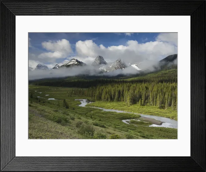 Framed Print : River flowing through the mountains with Mount Engadine and the Tower, Spray Valley Framed Print : River flowing through the mountains with Mount Engadine and the Tower, Spray Valley