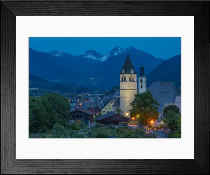 Framed Print : View of Liebfrauenkirche and town and surounding mountains at dusk, Kitzbuhel, Austrian Framed Print : View of Liebfrauenkirche and town and surounding mountains at dusk, Kitzbuhel, Austrian