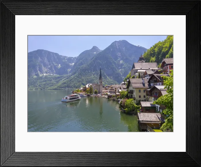 Framed Print : Ferry arriving at Hallstatt village, UNESCO World Heritage Site, Salzkammergut region Framed Print : Ferry arriving at Hallstatt village, UNESCO World Heritage Site, Salzkammergut region