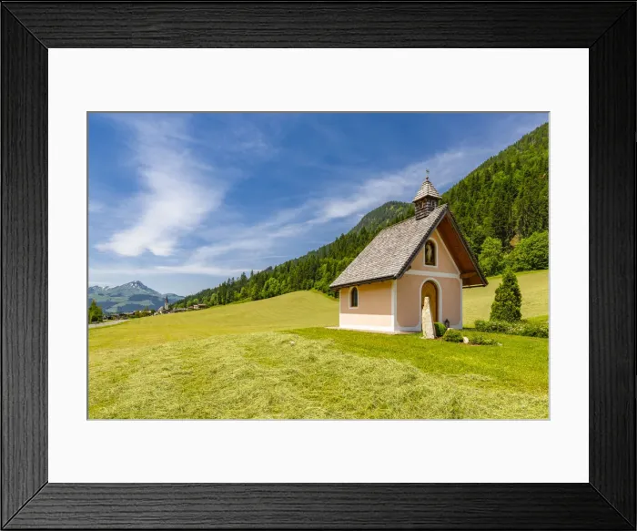 Framed Print : View of small chapel near St. Johann, Austrian Alps, Tyrol, Austria, Europe Framed Print : View of small chapel near St. Johann, Austrian Alps, Tyrol, Austria, Europe