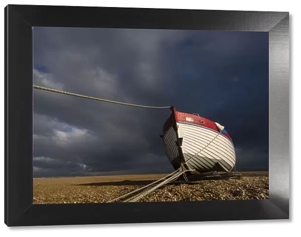 Boat on shingle beach, Dungeness, Kent, England, United Kingdom, Europe