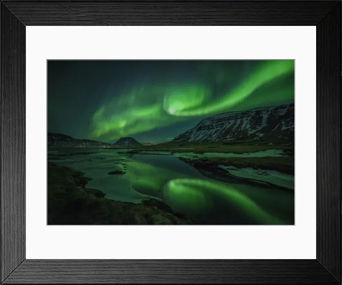 Framed Print : Aurora borealis (Northern Lights) reflected in partially frozen lake, North Snaefellsnes Framed Print : Aurora borealis (Northern Lights) reflected in partially frozen lake, North Snaefellsnes