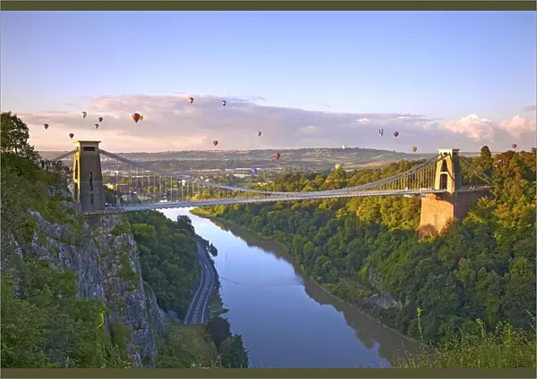 Clifton Suspension Bridge with hot air balloons in the Bristol Balloon Fiesta in August