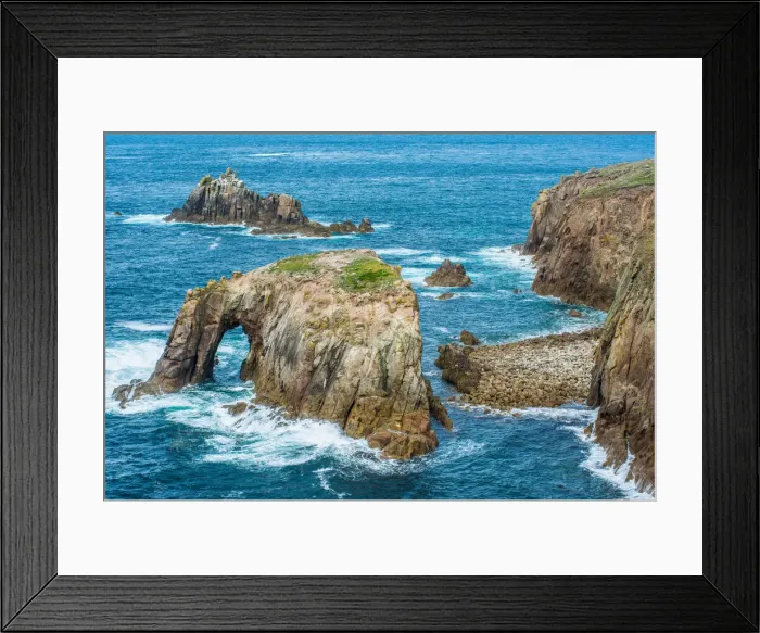Framed Print : Enys Dodnan and the Armed Knight rock formations at Lands End, Cornwall, England Framed Print : Enys Dodnan and the Armed Knight rock formations at Lands End, Cornwall, England