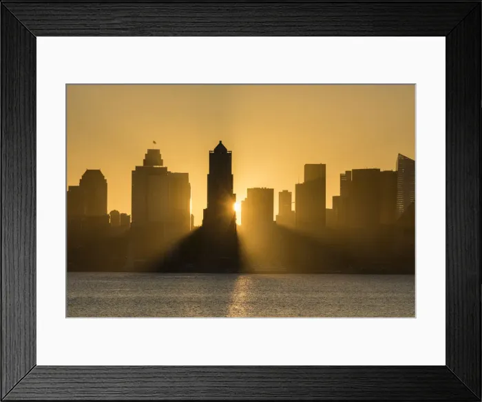 Framed Print : Seattle skyline at sunrise, as seen from Alki Beach, Seattle, Washington State, United Framed Print : Seattle skyline at sunrise, as seen from Alki Beach, Seattle, Washington State, United