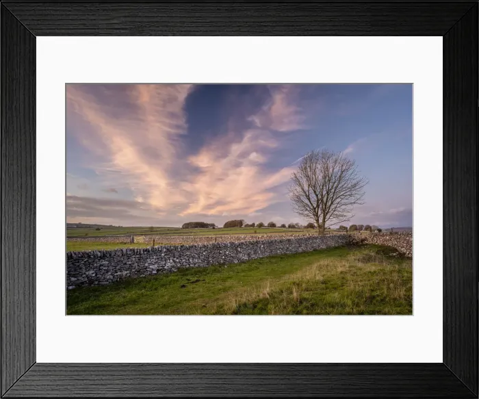 Framed Print : Stone walls and fields at sunset in autumn, Sheldon, Peak District National Park