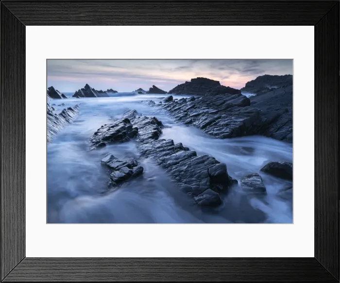 Framed Print : Waves and wet rock ledges at Hartland Quay in North Devon at sunset, Devon, England Framed Print : Waves and wet rock ledges at Hartland Quay in North Devon at sunset, Devon, England