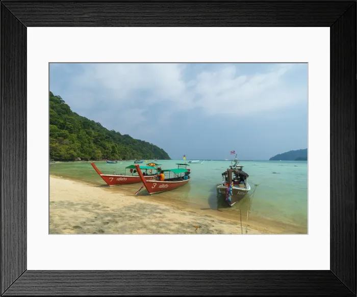 Framed Print : Three long tailed boats on a sandy beach, Thailand, Southeast Asia, Asia Framed Print : Three long tailed boats on a sandy beach, Thailand, Southeast Asia, Asia