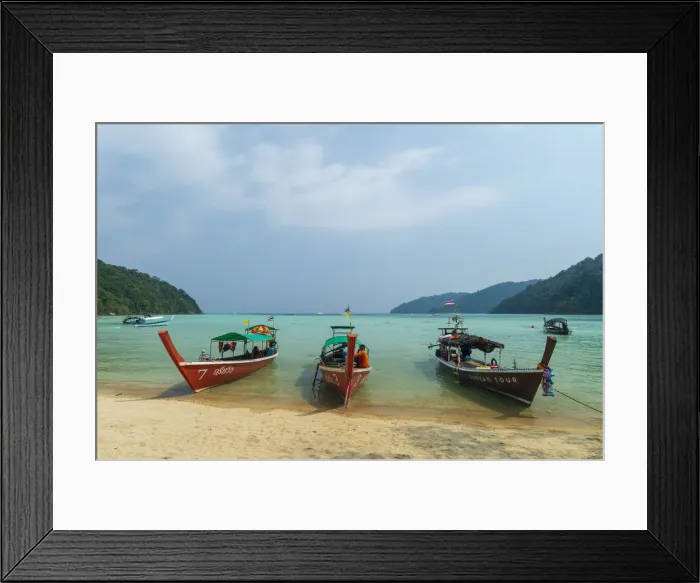 Framed Print : Three long tailed boats on a sandy beach, Thailand, Southeast Asia, Asia Framed Print : Three long tailed boats on a sandy beach, Thailand, Southeast Asia, Asia