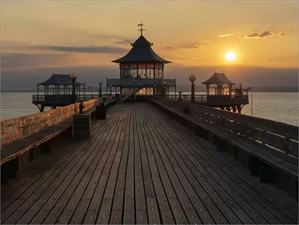 Sunset over Clevedon Pier and its pagoda, Clevedon, Somerset, England, United Kingdom