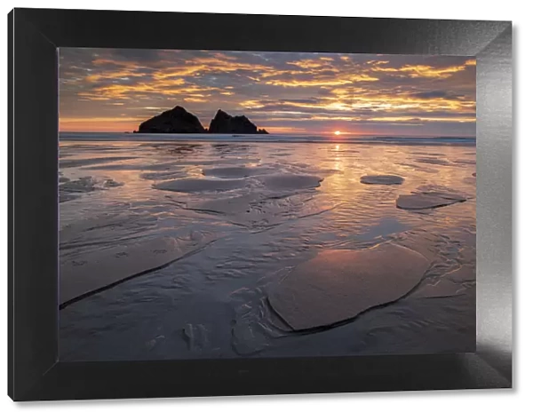 Sunset over Holywell Bay on the North Cornish coast, Cornwall, England, United Kingdom