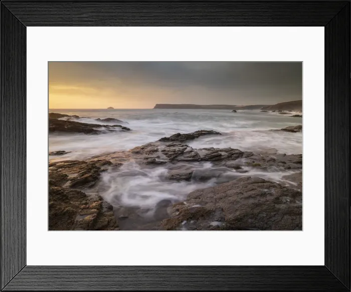 Framed Print : Waves swirl over rocky ledges at sunset on the North Cornwall coast, Cornwall, England Framed Print : Waves swirl over rocky ledges at sunset on the North Cornwall coast, Cornwall, England