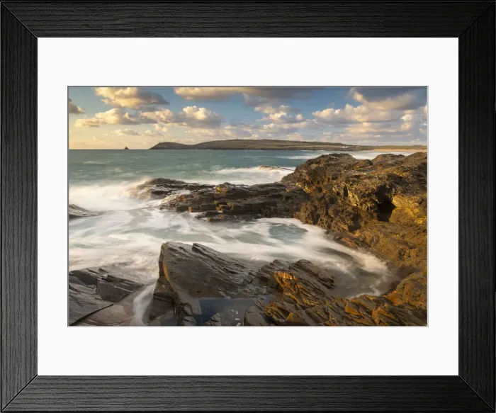 Framed Print : Rocky shoreline of Treyarnon Point at sunset, looking towards Trevose Head, Cornwall Framed Print : Rocky shoreline of Treyarnon Point at sunset, looking towards Trevose Head, Cornwall