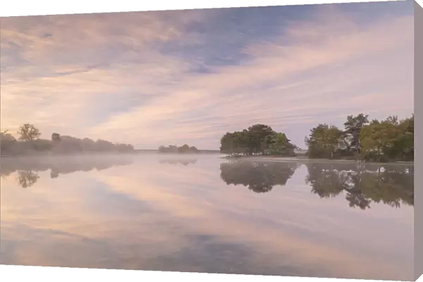 Hatchet Pond reflecting a beautiful pink misty sunrise, Beaulieu, New Forest, England