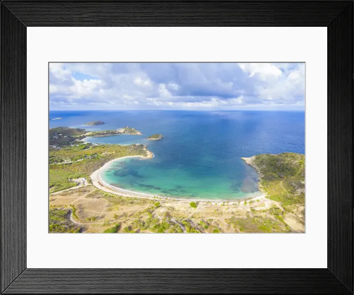 Framed Print : Aerial view by drone of Half Moon Bay washed by Caribbean Sea, Antigua, Leeward Islands Framed Print : Aerial view by drone of Half Moon Bay washed by Caribbean Sea, Antigua, Leeward Islands