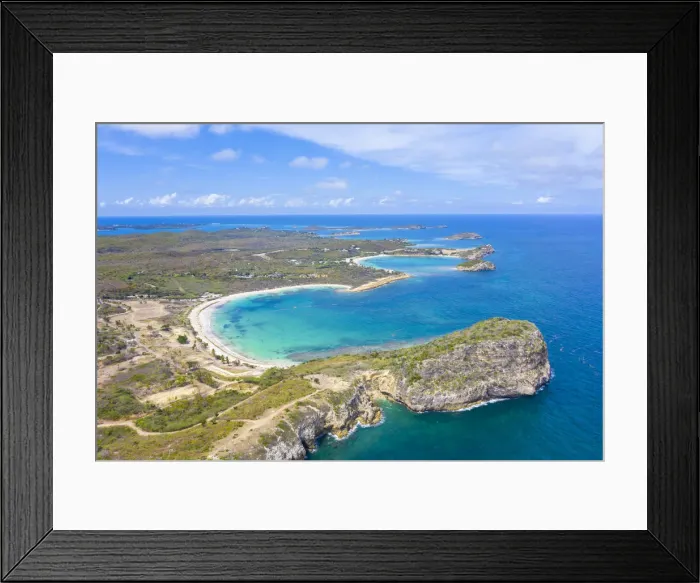Framed Print : Aerial view by drone of cliffs surrounding Half Moon Bay washed by Caribbean Sea, Antigua Framed Print : Aerial view by drone of cliffs surrounding Half Moon Bay washed by Caribbean Sea, Antigua