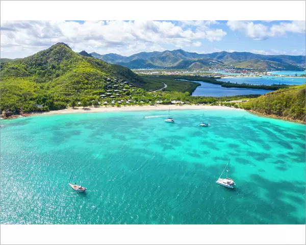 Aerial view by drone of Hermitage Bay and Caribbean Sea, Antigua, Antigua and Barbuda