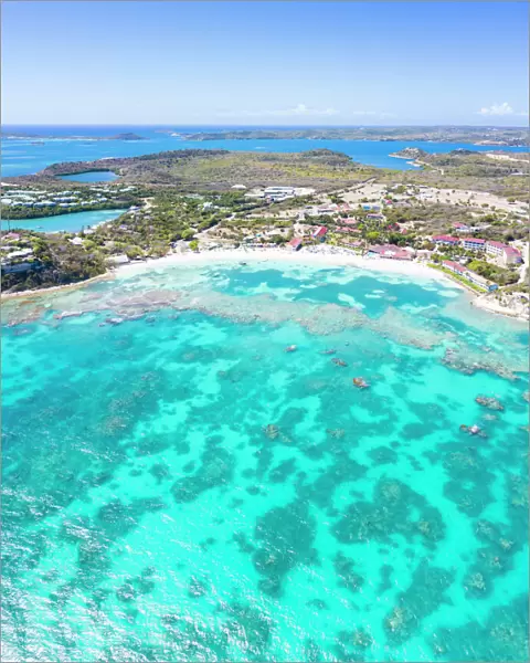 Aerial panoramic of white sand beach and coral reef, Long Bay, Antigua and Barbuda