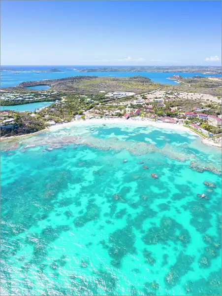 Aerial panoramic of white sand beach and coral reef, Long Bay, Antigua and Barbuda