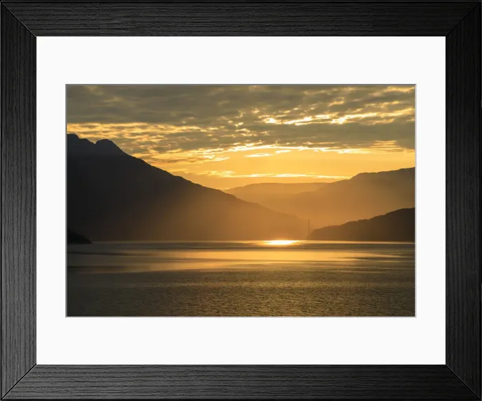 Framed Print : Stunning sunrise over the huge Hardanger Bridge, misty dawn, beautiful clouds Framed Print : Stunning sunrise over the huge Hardanger Bridge, misty dawn, beautiful clouds
