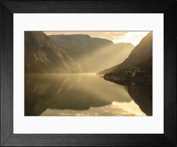 Framed Print : Shafts of light enter misty, beautiful Eidfjord, fjord reflections, Hardangerfjord Framed Print : Shafts of light enter misty, beautiful Eidfjord, fjord reflections, Hardangerfjord