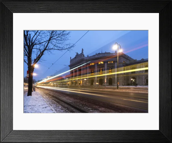 Framed Print : Lights of car trails on the icy road beside the famous Burgtheater (Austrian National Framed Print : Lights of car trails on the icy road beside the famous Burgtheater (Austrian National