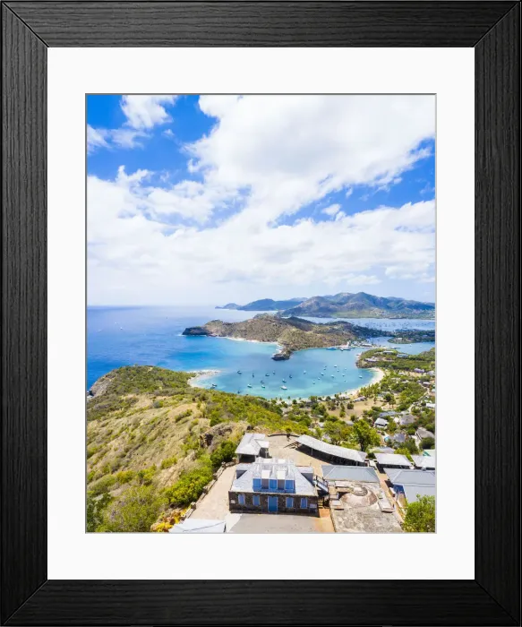 Framed Print : Aerial panoramic by drone of Shirley Heights towards Galleon Beach and English Harbour Framed Print : Aerial panoramic by drone of Shirley Heights towards Galleon Beach and English Harbour