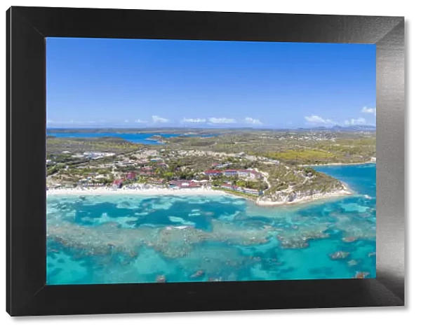 Aerial panoramic by drone of the coral reef around Long Bay, Antigua, Antigua and Barbuda