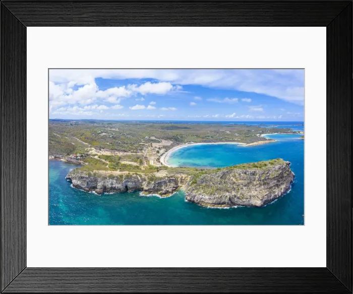 Framed Print : Aerial panoramic by drone of cliffs surrounding Half Moon Bay washed by Caribbean Sea Framed Print : Aerial panoramic by drone of cliffs surrounding Half Moon Bay washed by Caribbean Sea
