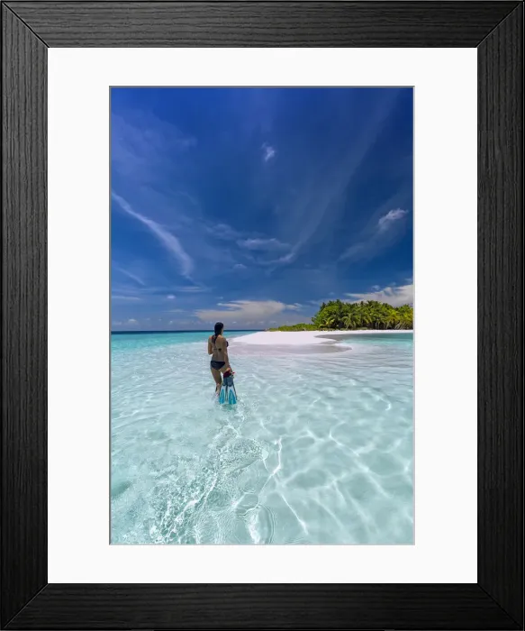 Framed Print : Woman with snorkelling gear on tropical beach, The Maldives, Indian Ocean, Asia Framed Print : Woman with snorkelling gear on tropical beach, The Maldives, Indian Ocean, Asia