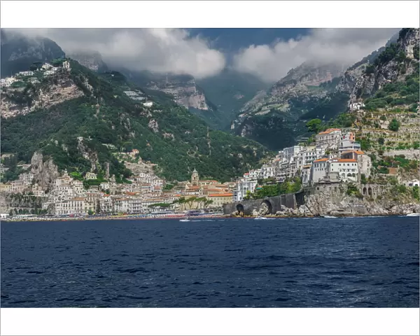 Amalfi Town, landscape sea view with low rise buildings and cliffs along the coastline