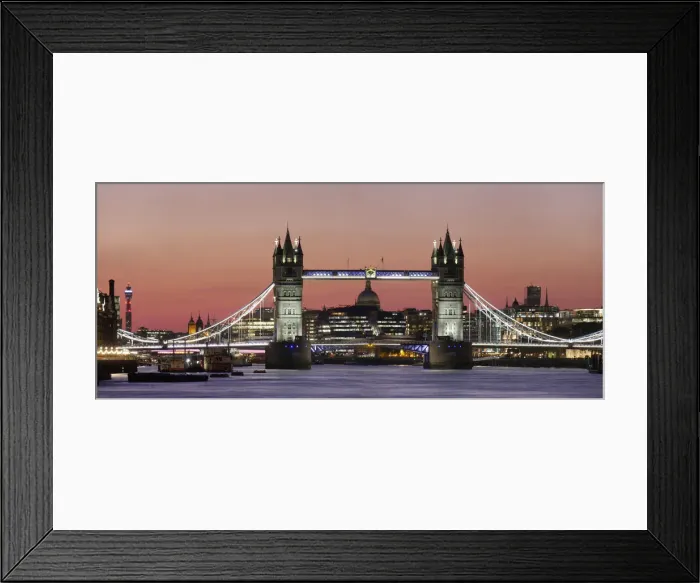 Framed Print : Panoramic view of Tower Bridge framing St. Pauls Cathedral at dusk, London, England Framed Print : Panoramic view of Tower Bridge framing St. Pauls Cathedral at dusk, London, England