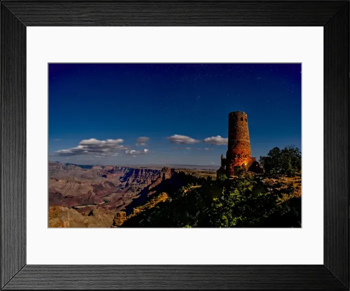 Framed Print : Watch Tower on South Rim of Grand Canyon illuminated by moonlight, Grand Canyon National Framed Print : Watch Tower on South Rim of Grand Canyon illuminated by moonlight, Grand Canyon National