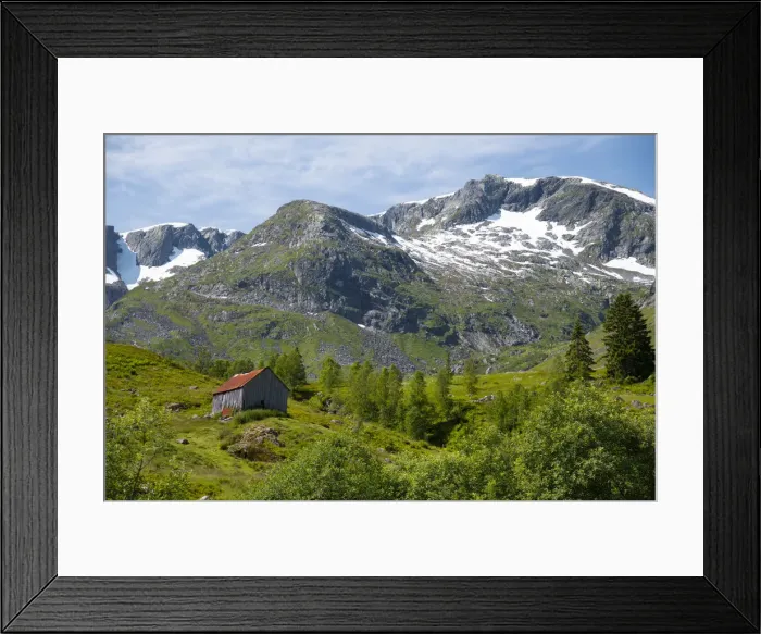 Framed Print : A wooden barn on a hillside below the Frudalsbreen Glacier, Vestlandet, Norway Framed Print : A wooden barn on a hillside below the Frudalsbreen Glacier, Vestlandet, Norway