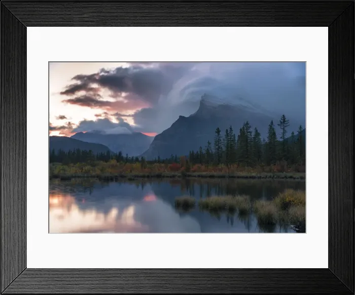 Framed Print : Sunrise and storm clouds at Vermillion Lakes with Mount Rundle in autumn, Banff National Framed Print : Sunrise and storm clouds at Vermillion Lakes with Mount Rundle in autumn, Banff National
