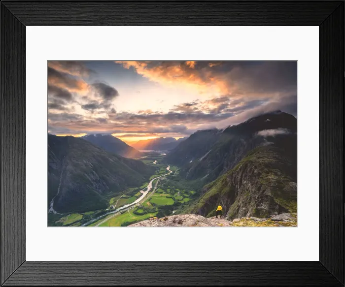 Framed Print : Elevated view of man standing on Romsdalseggen ridge admiring Rauma valley during sunset Framed Print : Elevated view of man standing on Romsdalseggen ridge admiring Rauma valley during sunset