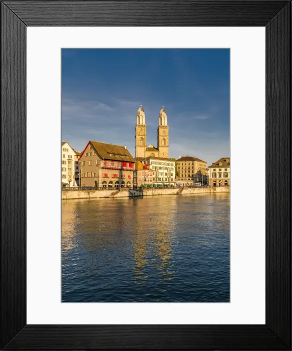 Framed Print : Sunset over Grossmunster Cathedral and Limmatquai street along the banks of Limmat River Framed Print : Sunset over Grossmunster Cathedral and Limmatquai street along the banks of Limmat River