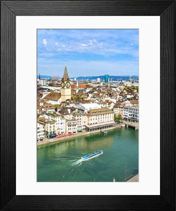 Framed Print : Elevated view of Limmat River and St. Peter church from tall towers of Grossmunster Framed Print : Elevated view of Limmat River and St. Peter church from tall towers of Grossmunster
