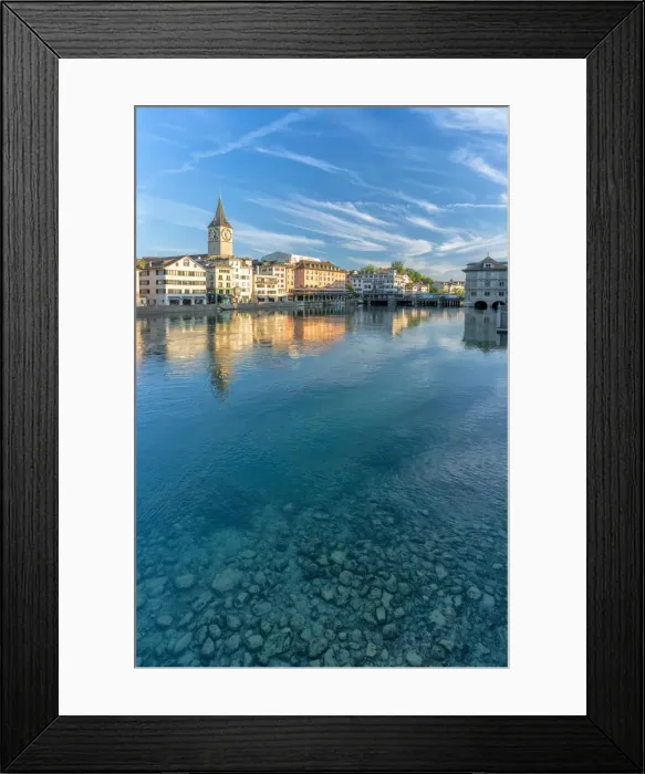 Framed Print : Clock tower of St. Peter church mirrored in the turquoise water of Limmat River, Lindenhof Framed Print : Clock tower of St. Peter church mirrored in the turquoise water of Limmat River, Lindenhof