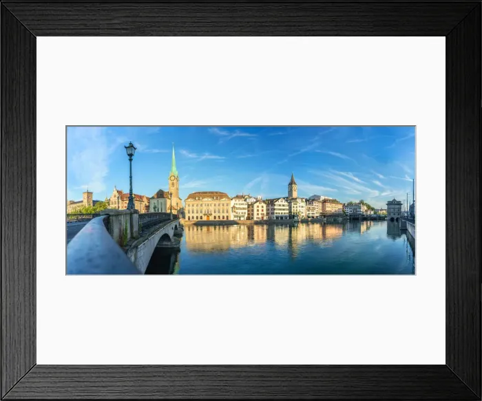 Framed Print : Panoramic of Fraumunster church and Limmat River seen from Munsterbrucke bridge Framed Print : Panoramic of Fraumunster church and Limmat River seen from Munsterbrucke bridge