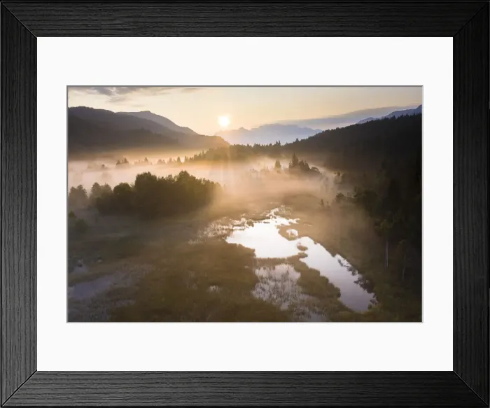 Framed Print : Fog at sunrise over the swamp of Pian di Gembro Nature Reserve, aerial view, Aprica Framed Print : Fog at sunrise over the swamp of Pian di Gembro Nature Reserve, aerial view, Aprica