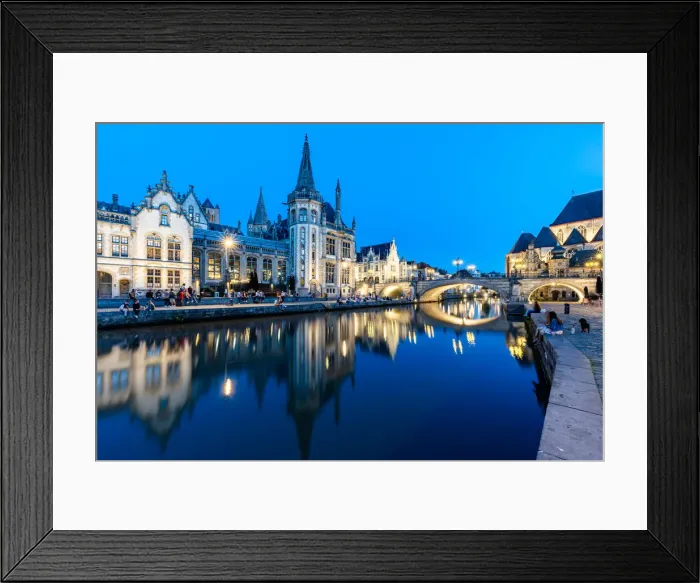 Framed Print : Graslei Quay in the historic city center of Ghent, mirrored in the River Lys during Framed Print : Graslei Quay in the historic city center of Ghent, mirrored in the River Lys during