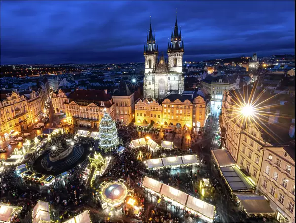 Pragues Old Town Square Christmas Market viewed from the Astronomical Clock during