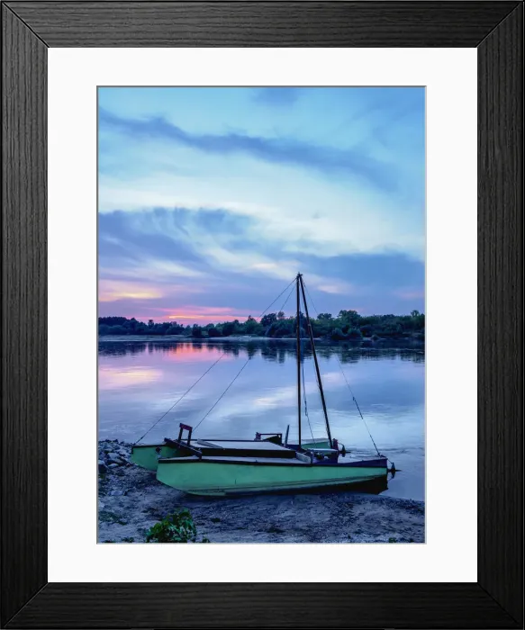 Framed Print : Boat and Vistula River at sunset, Mecmierz near Kazimierz Dolny, Lublin Voivodeship