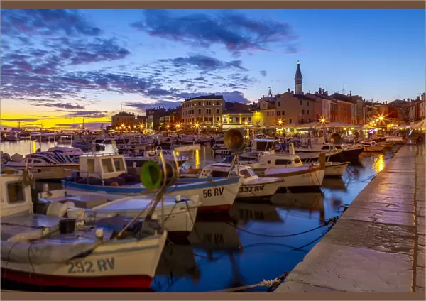 View of harbour and the old town with the Cathedral of St. Euphemia at dusk, Rovinj