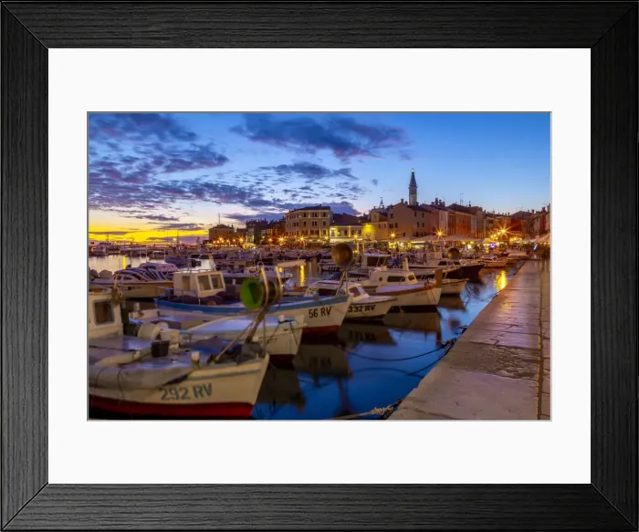 Framed Print : View of harbour and the old town with the Cathedral of St. Euphemia at dusk, Rovinj