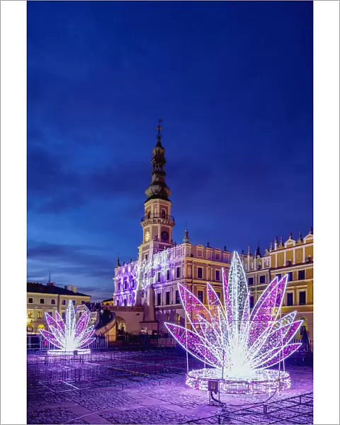 Christmas decorations at the main square of Zamosc, Lublin Voivodeship, Poland, Europe