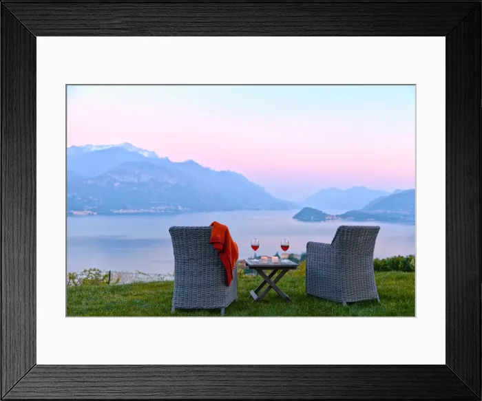 Framed Print : Armchairs and red wine with views of Lake Como at sunset, Lombardy, Italian Lakes Framed Print : Armchairs and red wine with views of Lake Como at sunset, Lombardy, Italian Lakes